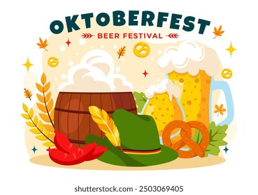 Happy Oktoberfest Party Festival Vector Illustration with Beer, Sausage, Gingerbread, Barrels, German Flag, and Wheat in the Flat Style Background