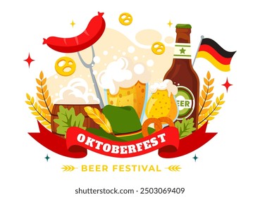 Happy Oktoberfest Party Festival Vector Illustration with Beer, Sausage, Gingerbread, Barrels, German Flag, and Wheat in the Flat Style Background