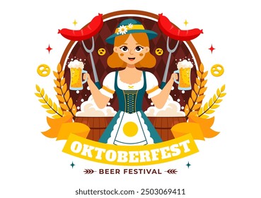 Happy Oktoberfest Party Festival Vector Illustration with Beer, Sausage, Gingerbread, Barrels, German Flag, and Wheat in the Flat Style Background