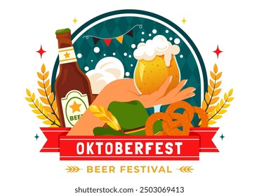 Happy Oktoberfest Party Festival Vector Illustration with Beer, Sausage, Gingerbread, Barrels, German Flag, and Wheat in the Flat Style Background