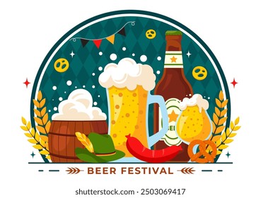 Happy Oktoberfest Party Festival Vector Illustration with Beer, Sausage, Gingerbread, Barrels, German Flag, and Wheat in the Flat Style Background