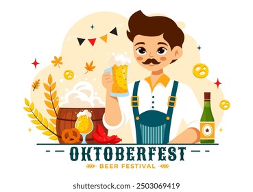 Happy Oktoberfest Party Festival Vector Illustration with Beer, Sausage, Gingerbread, Barrels, German Flag, and Wheat in the Flat Style Background