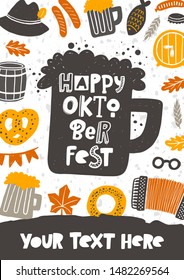 Happy oktoberfest vector banner template. Beer glass with foam silhouette with stylized lettering with celebration elements. Traditional German beer festival promo poster with text space