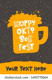 Happy oktoberfest vector banner template. Beer glass with foam silhouette with stylized lettering on brown dirty effect background. Traditional German beer festival promo poster with text space