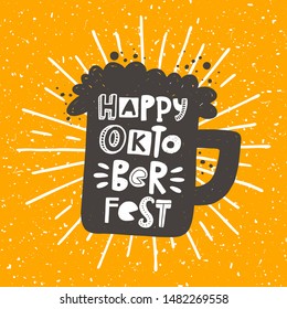 Happy oktoberfest vector card. Beer glass with foam silhouette with stylized lettering on orange dirty effect background. Traditional German beer festival promo poster; banner, print design