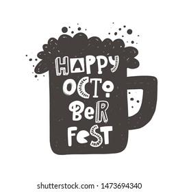 Happy oktoberfest vector stylized lettering. Beer glass with foam silhouette. Traditional German beer festival vector grunge style typography with ink drops