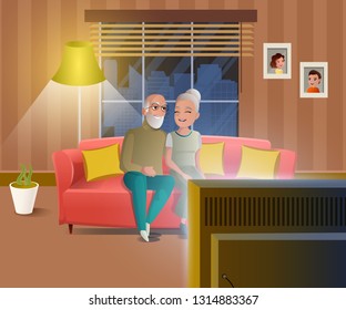 Happy Old Age Cartoon Vector Concept with Smiling Senior Couple Spending Time Together at Home, Watching Evening TV Show While Siting on Sofa in Cozy Living Room Illustration. Resting Retired People