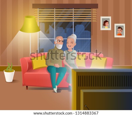 Happy Old Age Cartoon Vector Concept with Smiling Senior Couple Spending Time Together at Home, Watching Evening TV Show While Siting on Sofa in Cozy Living Room Illustration. Resting Retired People