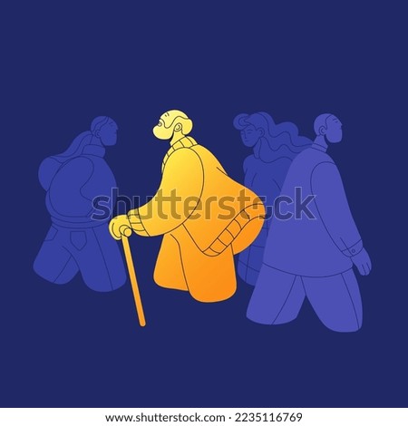 Happy old age, optimism concept. Positive senior person standing out among sad people crowd. Energetic elderly man with cane full of energy, happiness, good mood. Flat vector illustration