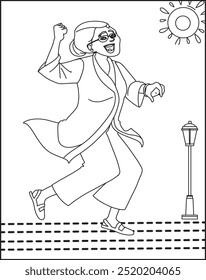 Happy Old Age Woman Dancing   Coloring Page For Kids.