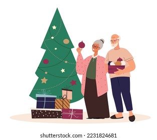 Happy Old Aged Couple decorating Christmas Tree with balls. Gift,Celebrating Christmas and New Year together.Holiday Atmosphere,Family winter holiday.Smiling Retired Woman,Man.Flat vector illustration