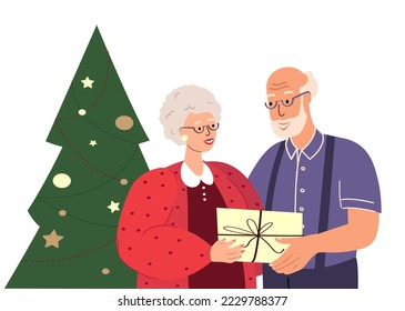 Happy Old Aged Couple presenting Gift,Celebrating Christmas and New Year together.Holiday Atmosphere,Decorated Christmas Tree,Family winter holiday.Smiling Retired Woman, Man.Flat vector illustration