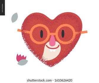 Happy old bearded heart - Valentines day graphics. Modern flat vector concept illustration - a smiling happy valentine heart, cute character in love concept