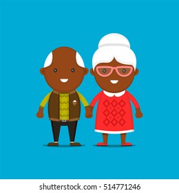 Happy old black couple holding hands, vector flat cartoon isolated character illustration. Afro grandmother and grandfather.