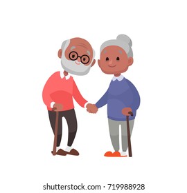 Happy old black couple holding hands. Vector cartoon style illustration