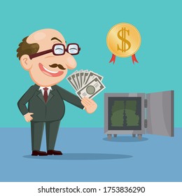 Happy old businessman with money, illustration vector cartoon