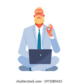 Happy old Businessman is using laptop for video communication, in casual sitting in a lotus pose, looking into a webcam and talking online shows gesture cool or like. Cartoon Vector illustration.