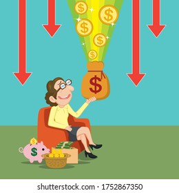 Happy old businesswoman earning money, illustration vector cartoon