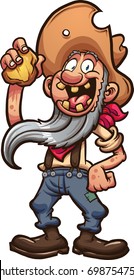 Happy old cartoon prospector holding a piece of gold. Vector clip art illustration with simple gradients. All in a single layer. 