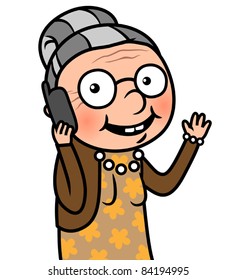 Happy old cartoon woman using and talking on a cell phone, vector illustration