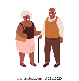 Happy old couple of black-skinned man and woman. Senior African-American people standing together and smiling. Colored flat cartoon vector illustration isolated on white background