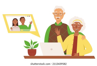 Happy Old Couple Of Black-skinned Woman And White-skinned Men Has Video Call With Their Grandson And His Bride. Online Chat, Courses, Education, Technologies For Seniors, Elderly People Concept