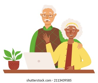 Happy Old Couple Of Black-skinned Woman And White-skinned Men Has Video Call. Online Chat, Courses, Education, Technologies For Seniors, Elderly People Concept. Colorful Vector Illustration In A Flat