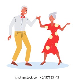 Feliz baile de pareja de ancianos. Una mujer senoir vestida de rojo y un hombre mayor se divierten. Tiempo de ocio y recreación. Ilustración vectorial aislada en estilo plano