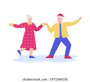 Happy old couple dancing together - cartoon senior man and woman in colorful clothes doing fun dance moves and smiling. Flat vector illustration isolated on white background.