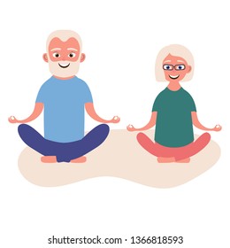Happy old couple dressed in sports clothing practicing yoga exercises. Cute grandmother and grandfather. Active elderly man. Cartoon character. Vector illustration
