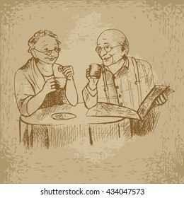 Happy old couple drink tea and read newspaper. Hand drawn vector stock illustration