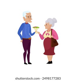 Happy old couple, elderly man giving bouquet of flowers to woman vector illustration