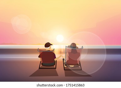 happy old couple enjoy luxury sunset on the beach during summer vacations. Happy retirement. Vector flat illustration