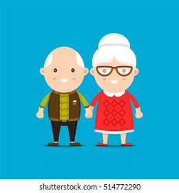 Happy Old Couple Holding Hands, Vector Flat Cartoon Isolated Character Illustration. Grandmother And Grandfather