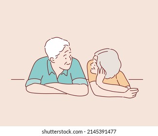  Happy old couple lies on the floor.  Hand drawn style vector design illustrations.