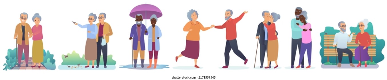 Feliz pareja de ancianos, estilo de vida e ilustración vectorial. Los abuelos mayores caricaturistas caminan al aire libre y abrazan juntos, el ocio de la abuela y el abuelo aislados en blanco. Amor, concepto de relación