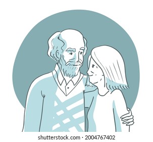 Happy old couple portrait. Old man hugging his wife. People in love. Family portrait. Cartoon vector illustration.