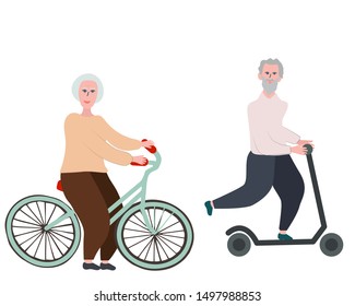 Happy old couple riding a kick scooter and bicycle. Old age concept. Flat cartoon style. Vector illustration.