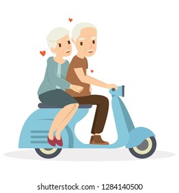Happy old couple riding a scooter in valentine day