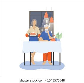 Happy old couple sitting at the table and drink tea. Old lady holding a pie. Happy grandfather and grandmother at home. Isolated illustration