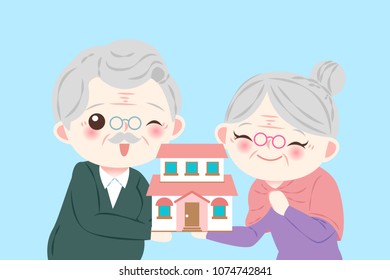 happy old couple small red house on the blue background