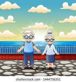 Happy old couple standing near the sea