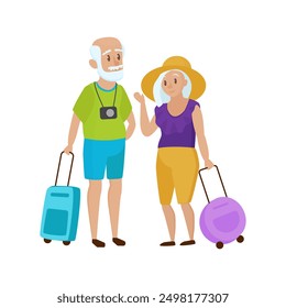 Happy old couple standing with suitcases ready for vacation and travel to tropical beach vector illustration