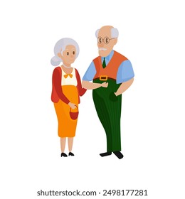 Happy old couple standing together, senior man and woman walking vector illustration