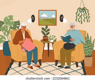 Happy old couple stay at home. Retirement leisure activity concept vector illustration. Senior woman knitting. Senior man reading book in armchair