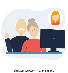 Happy old couple video call illustration. Senior/old couple using laptop for online video call with daughter/grandchild. Stock vector flat character illustration.
