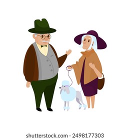 Happy old couple walking dog outdoor, grandmother holding leash vector illustration