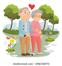 Happy old couple walking in park, Grandmother and grandfather walking together, cartoon vector illustration 