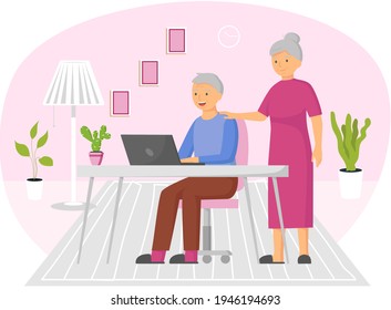 Happy old couple watching video on laptop. Elderly people are using technologies, computer