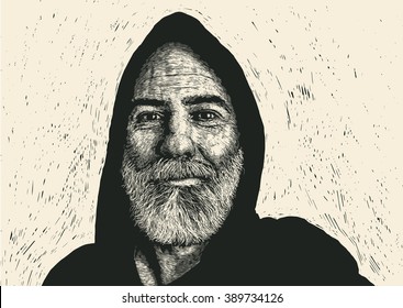 happy old dude in hood. engraving style. vector illustration